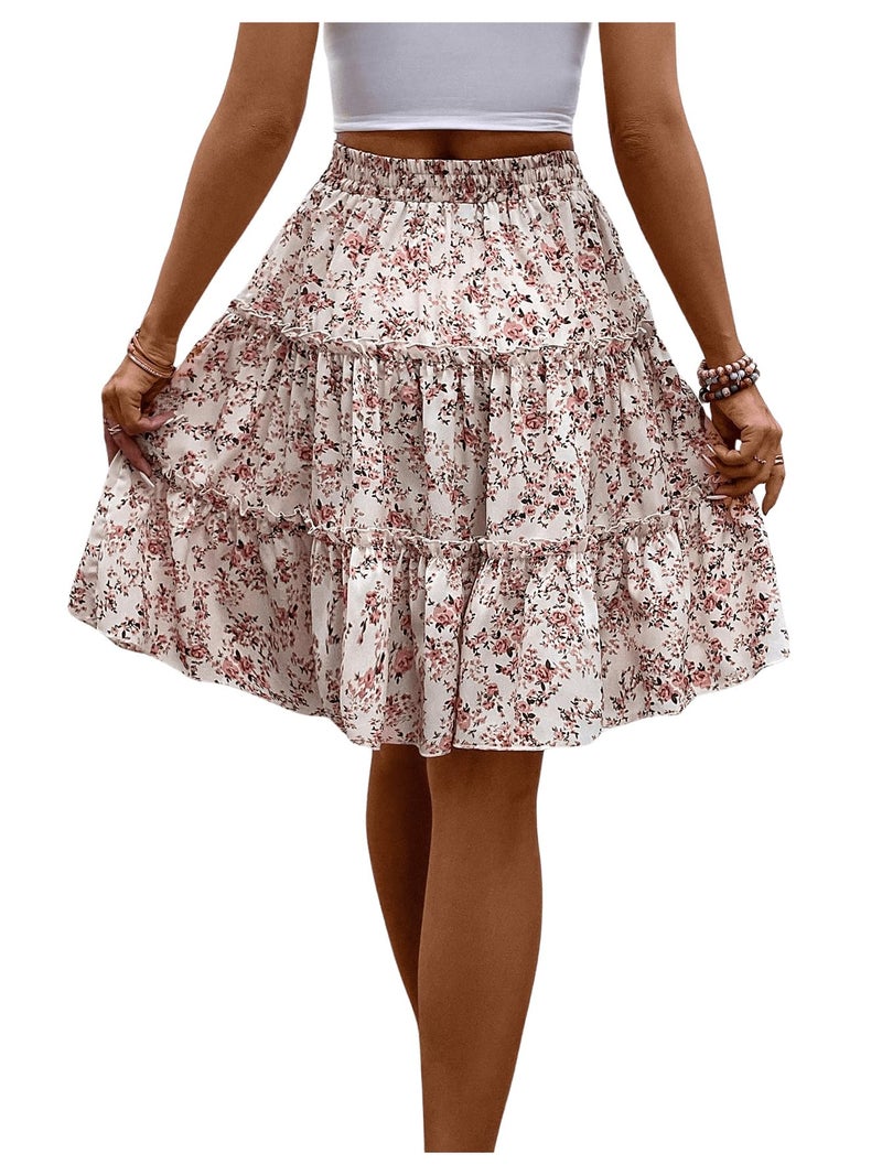 WDIRARA Women's Floral Print Ruffle Hem Elastic High Waist Tie Front Skirt Apricot Large - Image 2