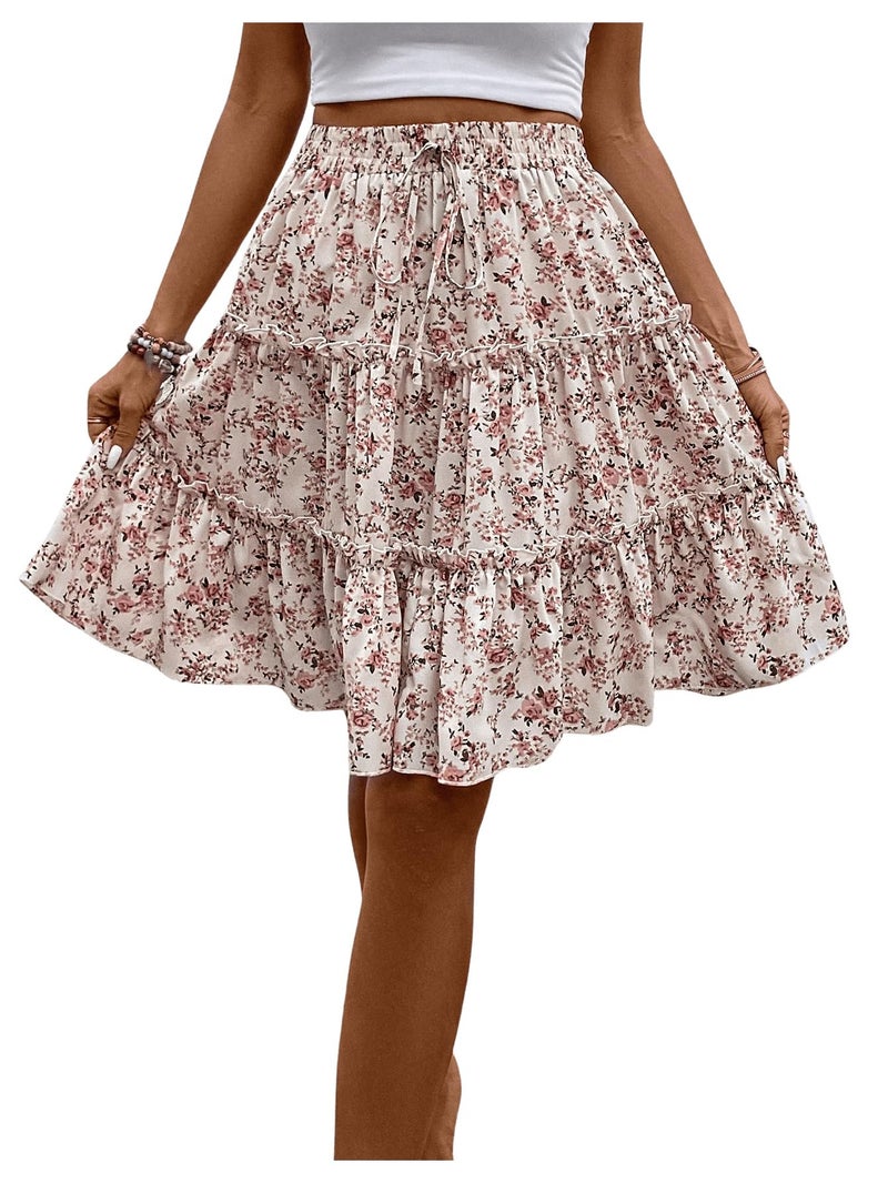 WDIRARA Women's Floral Print Ruffle Hem Elastic High Waist Tie Front Skirt Apricot Large - Image 4