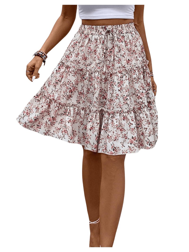 WDIRARA Women's Floral Print Ruffle Hem Elastic High Waist Tie Front Skirt Apricot Large - Image 1