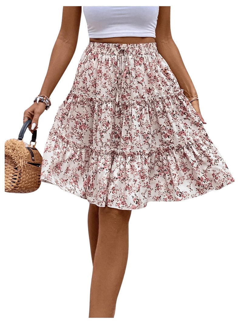 WDIRARA Women's Floral Print Ruffle Hem Elastic High Waist Tie Front Skirt Apricot Large - Image 5
