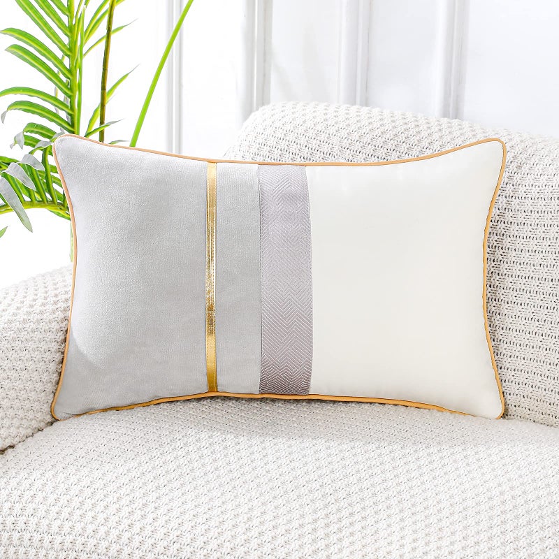PANOD Patchwork Light Grey SilkLike Velvet Throw Pillow Cover with Gold Striped Leather Cushion Case Modern Luxury Lumbar Pillowcase for Sofa Couch Bedroom Living Room Home12x20 inch