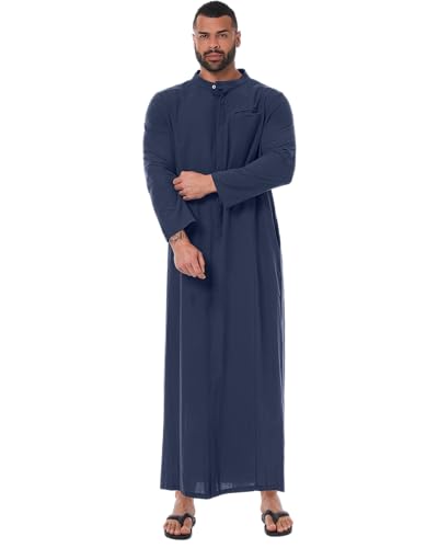 YAOHUOLE Muslim Thobe for Men Long Sleeve Caftan for Men Arabic Caftan Dark Blue M - Image 3