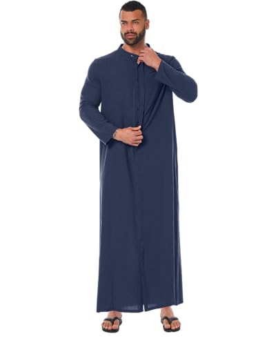 YAOHUOLE Muslim Thobe for Men Long Sleeve Caftan for Men Arabic Caftan Dark Blue M - Image 2