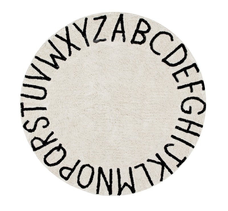 Lorena Canals Lorena Canals  Washable Area Rug for kids room Collection ABC in color Black and White  Handmade by artisans in Round shape and made in Natural Cotton and NonToxic Dyes  Size 5 x 5 