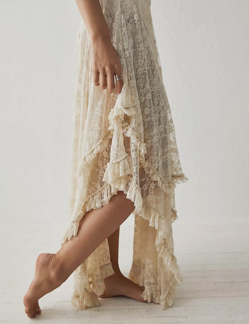 Yimoon Women's Floral Lace Long Skirts Elastic Asymmetrical Layered See-Through Maxi Skirts Sexy Sheer Flowy Beach Skirt(Beige-M) - Image 3