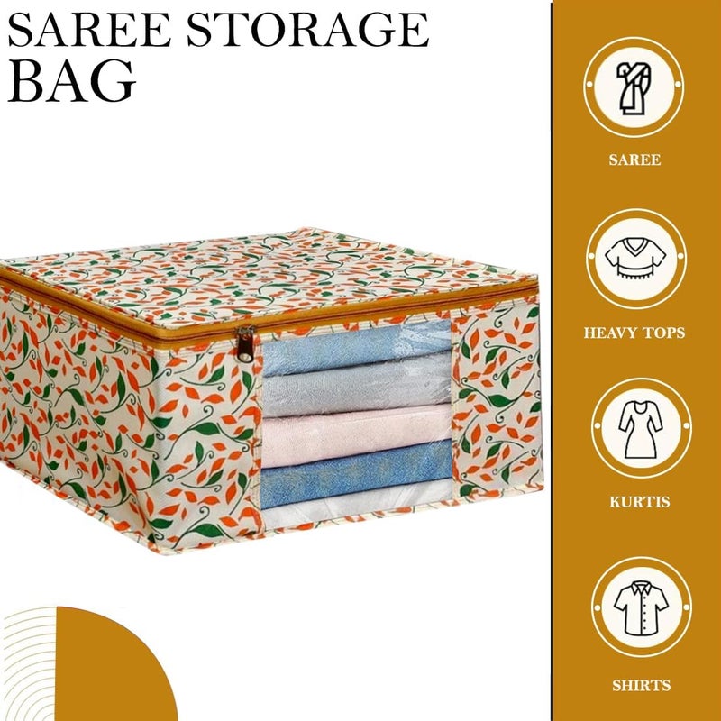 EasyGoods Saree Covers with Zip 9 Inch NonWoven Orange Patti Design Wardrobe Organizer Clothes Storage Bag with Transparent Window Saree Bags for Storage Pack of 6 Yellow - Image 5