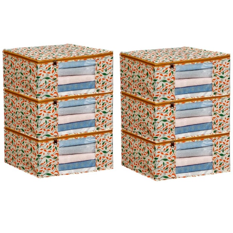 EasyGoods Saree Covers with Zip 9 Inch NonWoven Orange Patti Design Wardrobe Organizer Clothes Storage Bag with Transparent Window Saree Bags for Storage Pack of 6 Yellow - Image 1