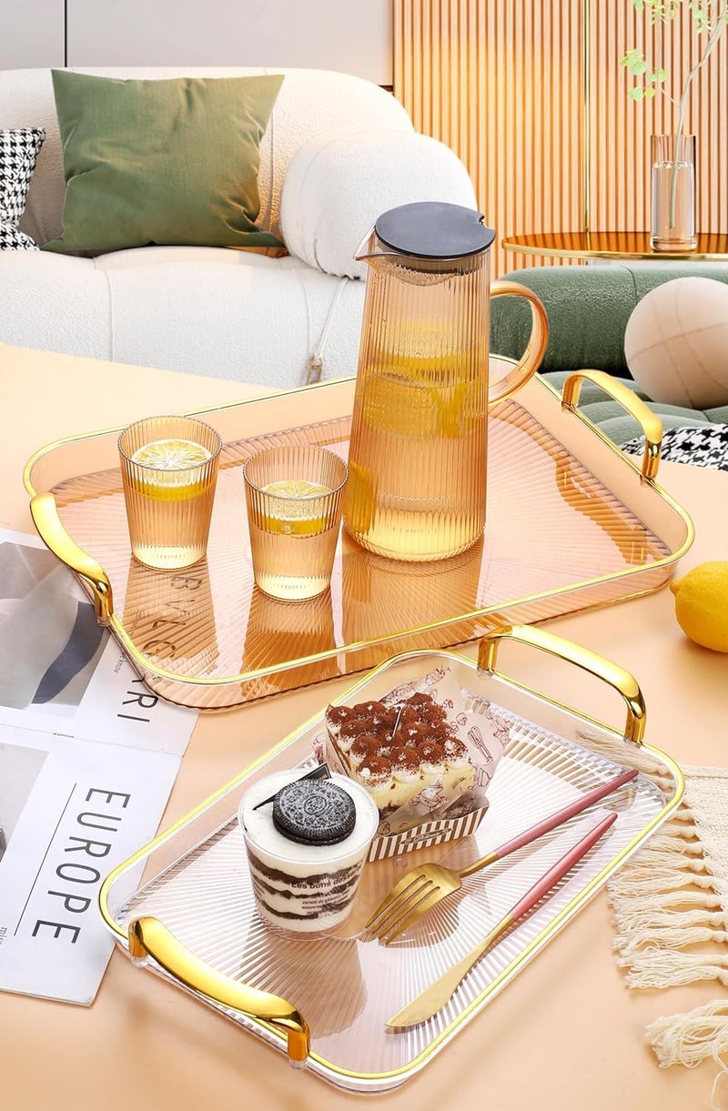 ZODZE Clear Food Serving Tray with Gold Handles Set of 3 and Serving Tray for Snack Coffee Bread Fruit, Plastic Tray for Tea Coffee,Trays for Bath Organization (Green) (Rectangular) - Image 2