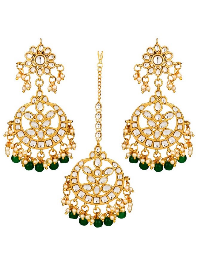 Aheli - Indian Traditional Wedding Faux Kundan Beads And Pearls Chandbali Earrings Maang Tikka Earrings Set Ethnic Bollywood Jewelry Set For Women (Green) - Image 1