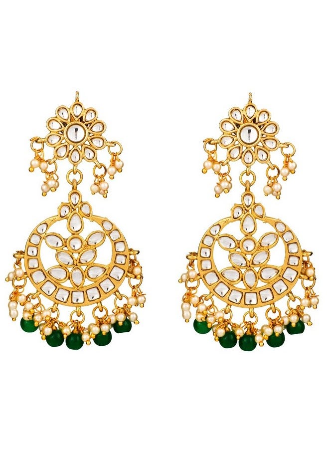 Aheli - Indian Traditional Wedding Faux Kundan Beads And Pearls Chandbali Earrings Maang Tikka Earrings Set Ethnic Bollywood Jewelry Set For Women (Green) - Image 1