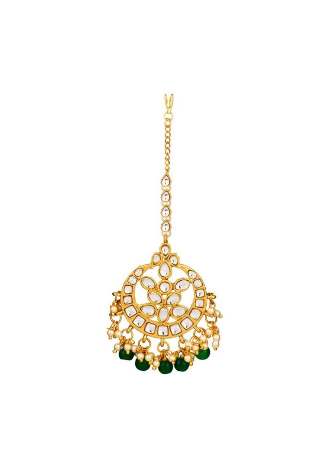 Aheli - Indian Traditional Wedding Faux Kundan Beads And Pearls Chandbali Earrings Maang Tikka Earrings Set Ethnic Bollywood Jewelry Set For Women (Green) - Image 1