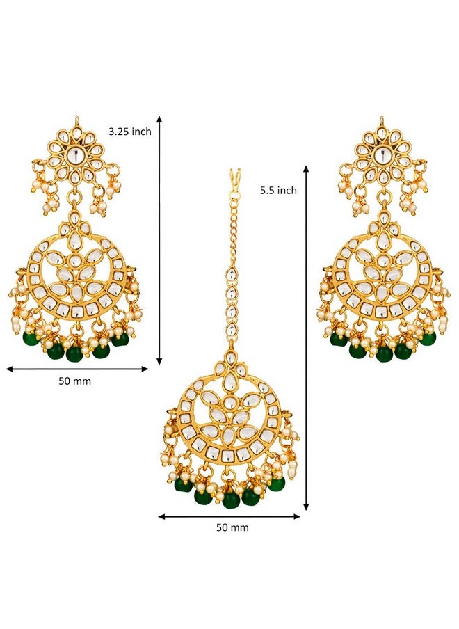 Aheli - Indian Traditional Wedding Faux Kundan Beads And Pearls Chandbali Earrings Maang Tikka Earrings Set Ethnic Bollywood Jewelry Set For Women (Green) - Image 1