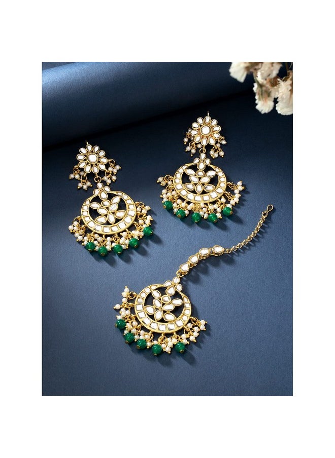 Aheli - Indian Traditional Wedding Faux Kundan Beads And Pearls Chandbali Earrings Maang Tikka Earrings Set Ethnic Bollywood Jewelry Set For Women (Green) - Image 1