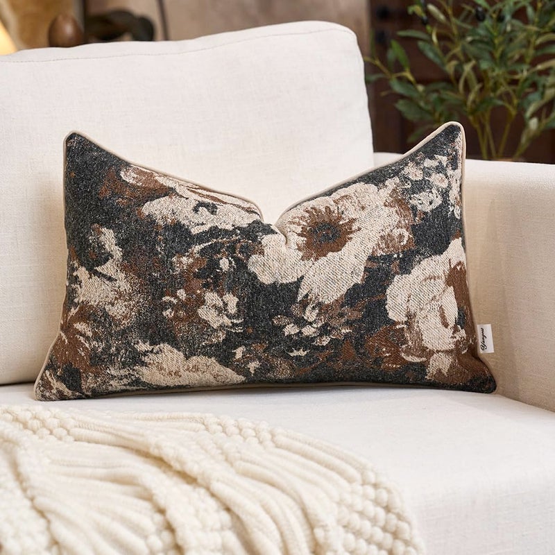 Yangest Neutral Flower Pillow Cover 12 x 20 Inches, Nature Chenille Rectangle Throw Pillow Cover Soft Luxury Accent Couch Pillow Cover for Living Room Bedroom, Coffee Brown - Image 1