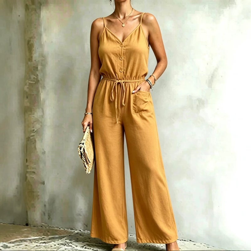WU 2026 Summer Women's Strap Jumpsuit, Elegant Waist-Slimming Wide-Leg Pants, Source Factory Direct - Image 3