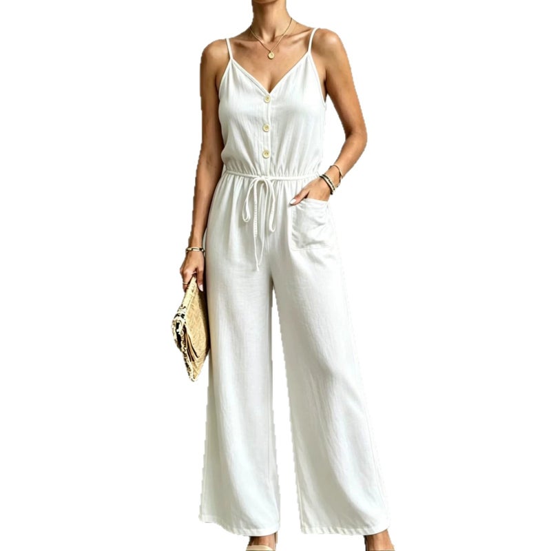 WU 2026 Summer Women's Strap Jumpsuit, Elegant Waist-Slimming Wide-Leg Pants, Source Factory Direct - Image 5