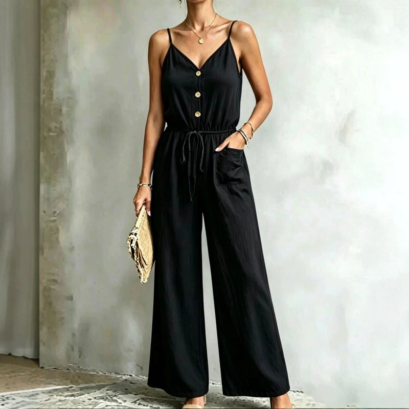 WU 2026 Summer Women's Strap Jumpsuit, Elegant Waist-Slimming Wide-Leg Pants, Source Factory Direct - Image 2