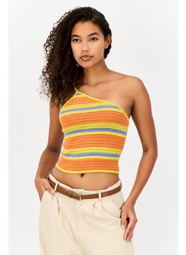 Reclaimed Vintage Women Asymmetrical Neck One Shoulder Yarn Dye Top, Multicolor  - Image 1