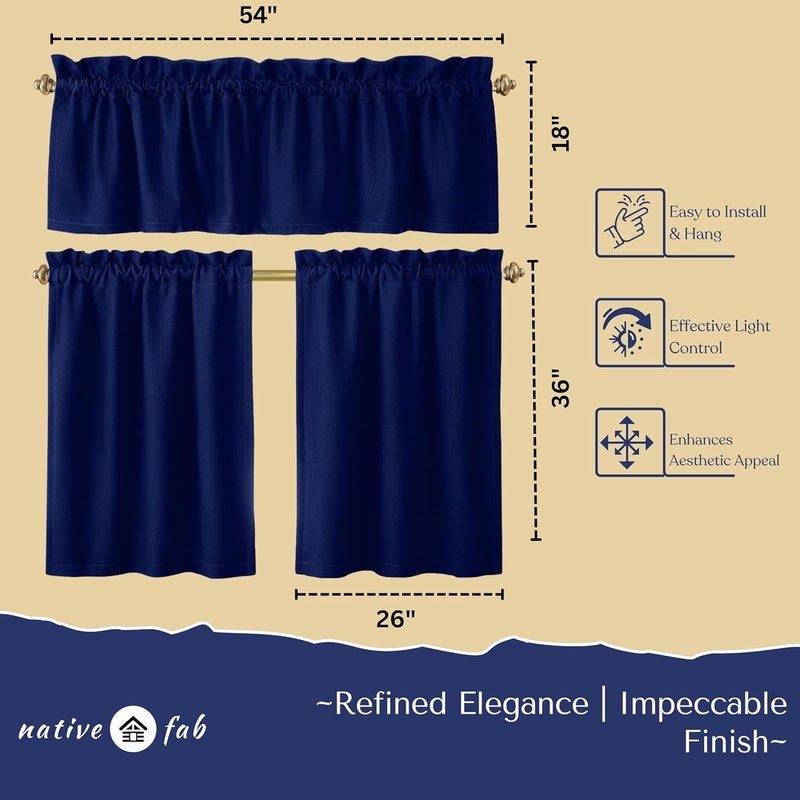 Native Fab 3 Piece Window Curtain Tiers 26"x36" and Valance 54"x18" Set - Rod Pocket - Semi Sheer - Short Curtain for Kitchen, Cafe, Living Room - Ink Blue - Image 4
