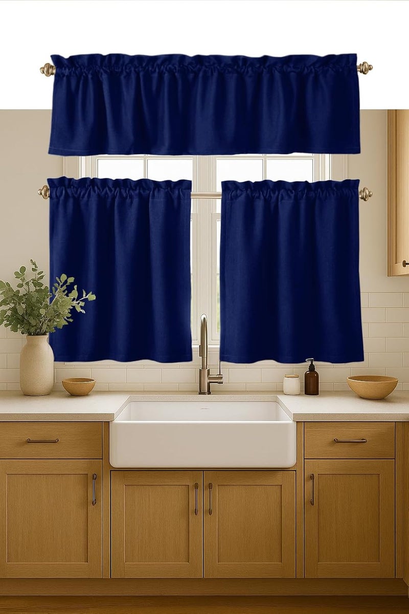 Native Fab 3 Piece Window Curtain Tiers 26"x36" and Valance 54"x18" Set - Rod Pocket - Semi Sheer - Short Curtain for Kitchen, Cafe, Living Room - Ink Blue - Image 1