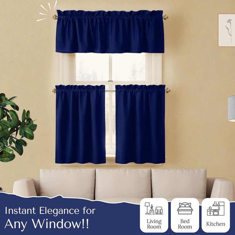 Native Fab 3 Piece Window Curtain Tiers 26"x36" and Valance 54"x18" Set - Rod Pocket - Semi Sheer - Short Curtain for Kitchen, Cafe, Living Room - Ink Blue - Image 2