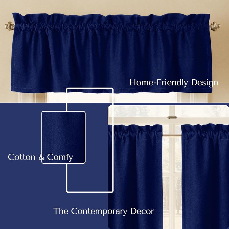 Native Fab 3 Piece Window Curtain Tiers 26"x36" and Valance 54"x18" Set - Rod Pocket - Semi Sheer - Short Curtain for Kitchen, Cafe, Living Room - Ink Blue - Image 3