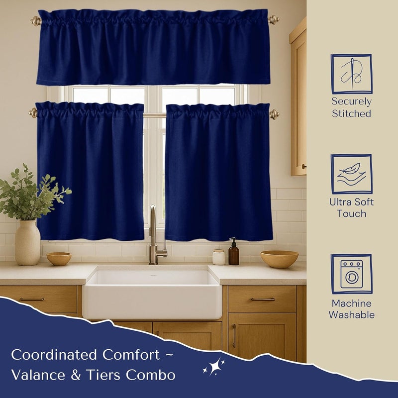 Native Fab 3 Piece Window Curtain Tiers 26"x36" and Valance 54"x18" Set - Rod Pocket - Semi Sheer - Short Curtain for Kitchen, Cafe, Living Room - Ink Blue - Image 5