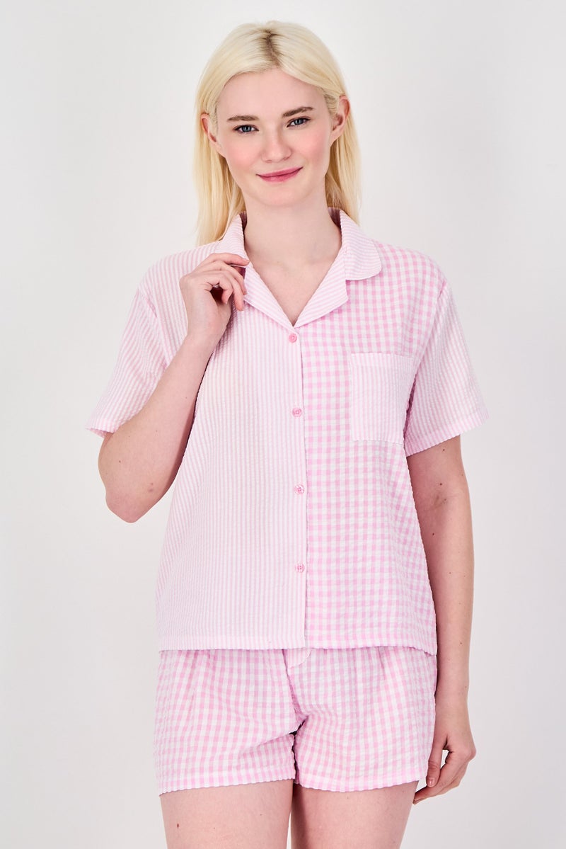 bebe Women 2Pcs Gingham Pattern Pajama Top And Shorts Set, Multicolor - Image 1