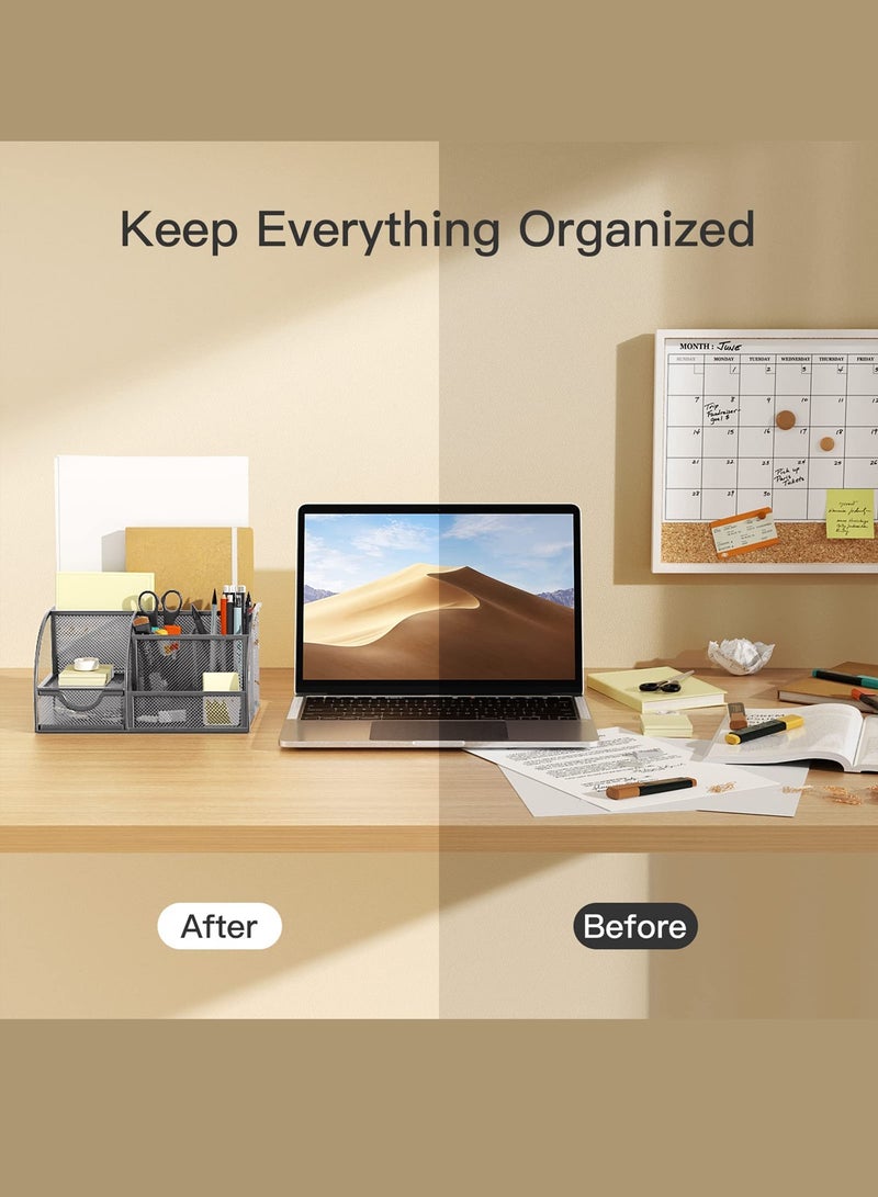 Kidle Mesh Desk Organizer Multifunctional Desktop Office Supplies Holder with 6 Compartments and 1 Drawer for Home School Classroom - Image 3