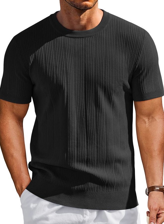 COOFANDY Men's T-Shirts Short Sleeve Knit Shirts Casual Crewneck Ribbed Dress Tee Shirt, Black, L - Image 1