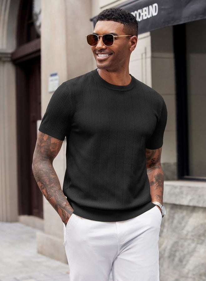 COOFANDY Men's T-Shirts Short Sleeve Knit Shirts Casual Crewneck Ribbed Dress Tee Shirt, Black, L - Image 2