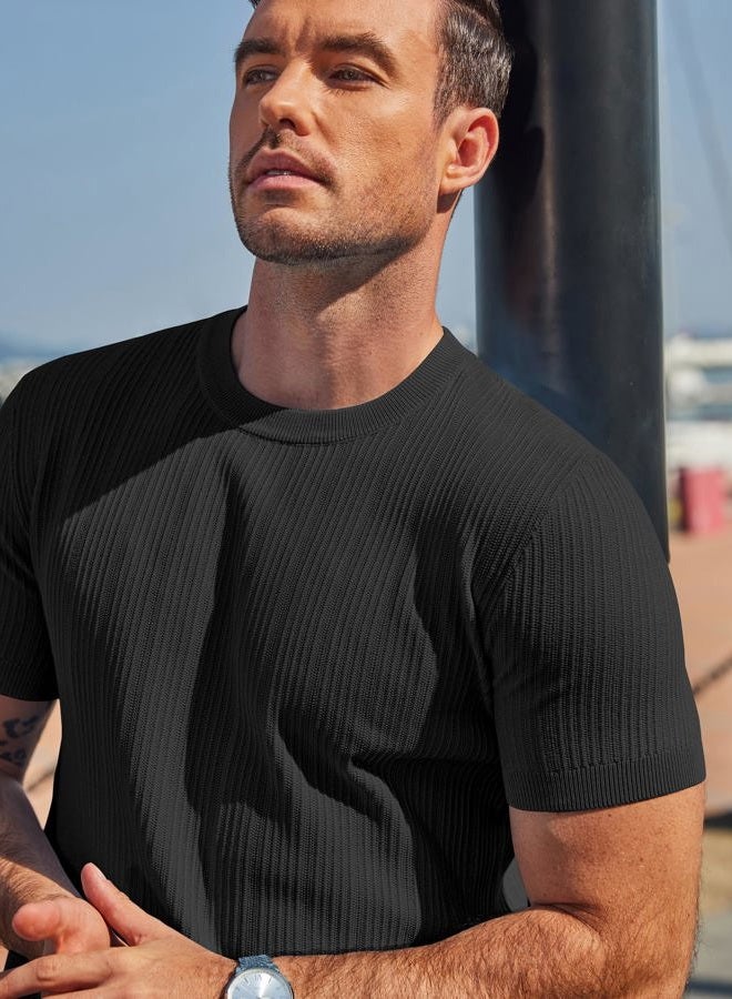 COOFANDY Men's T-Shirts Short Sleeve Knit Shirts Casual Crewneck Ribbed Dress Tee Shirt, Black, L - Image 4