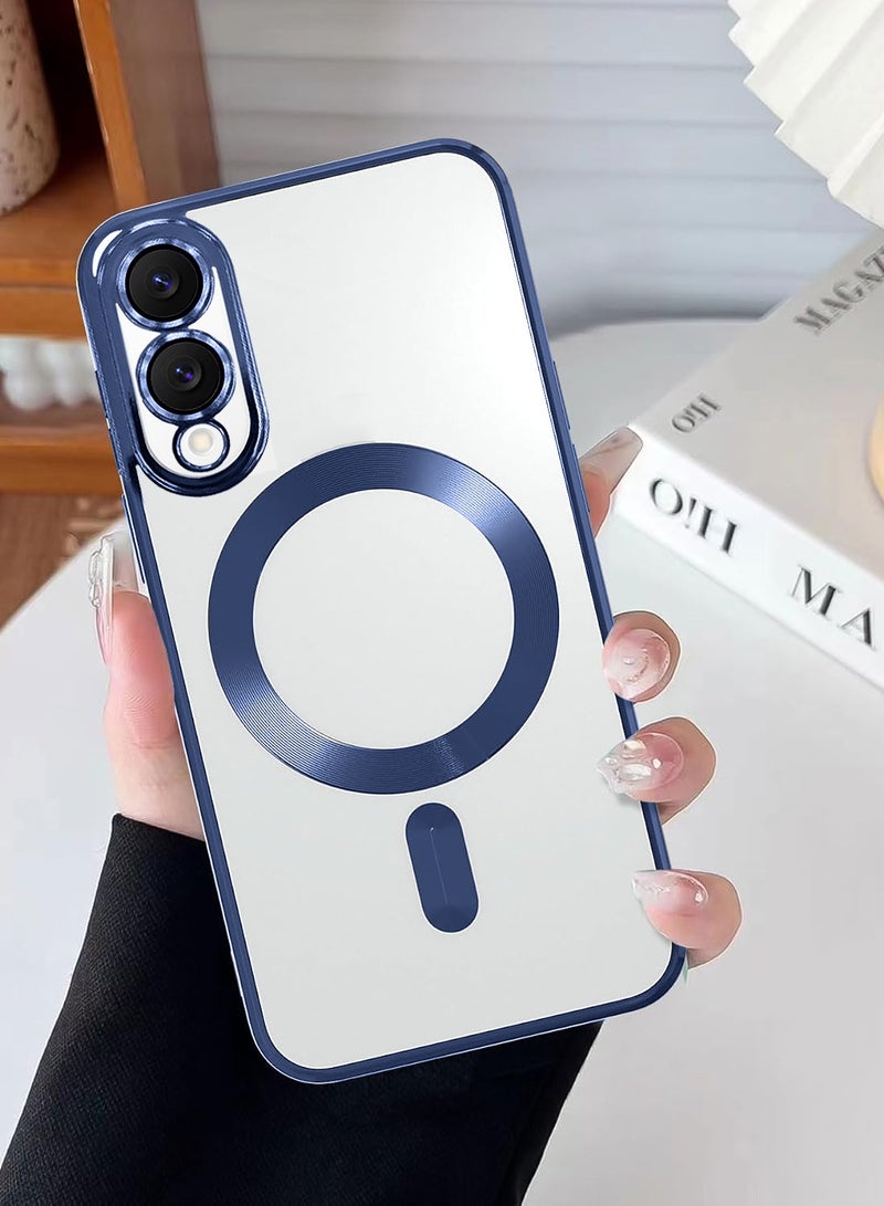 Wtech Samsung Galaxy S25 Edge 5G 2025 Magsafe PU Luxury Plating Raised Lips Camera Hole With Camera Lens Protection Case Cover - Clear/Navy Blue - Image 4