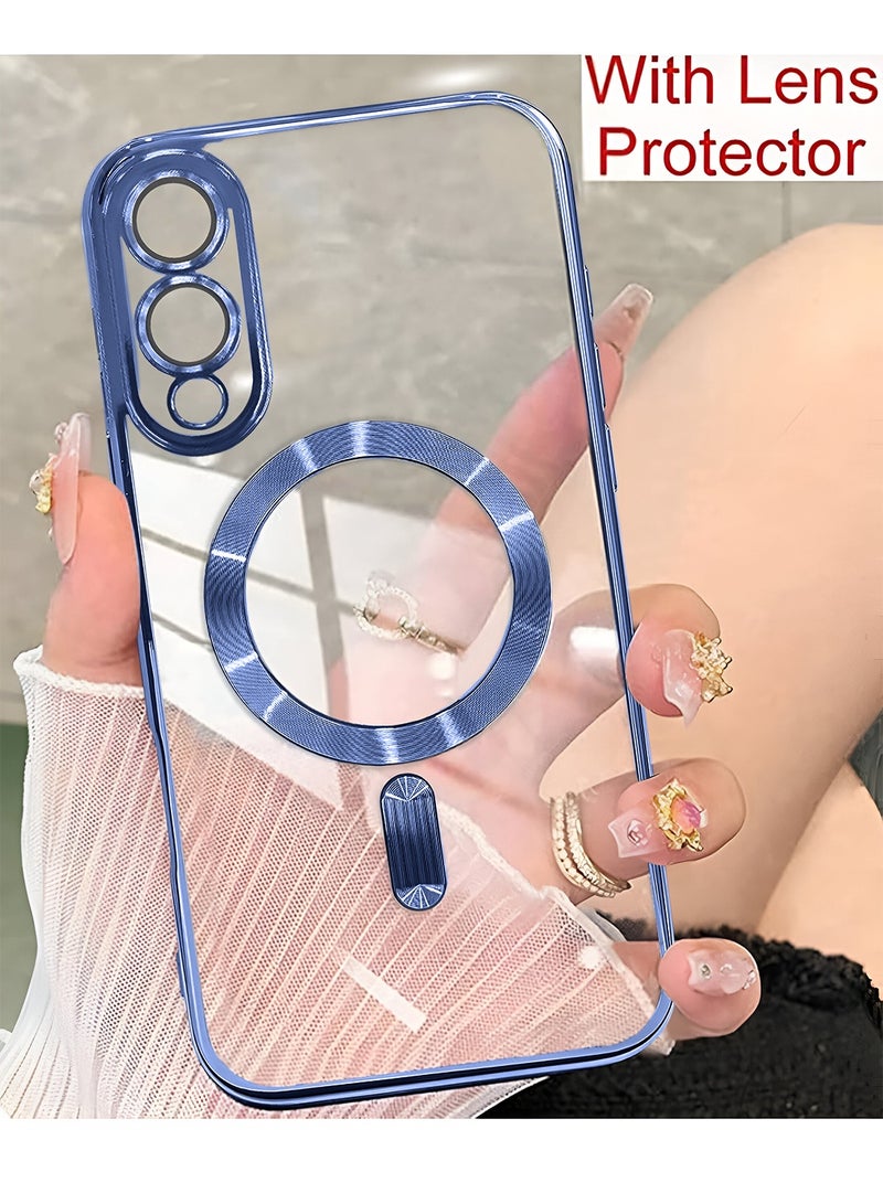 Wtech Samsung Galaxy S25 Edge 5G 2025 Magsafe PU Luxury Plating Raised Lips Camera Hole With Camera Lens Protection Case Cover - Clear/Navy Blue - Image 5