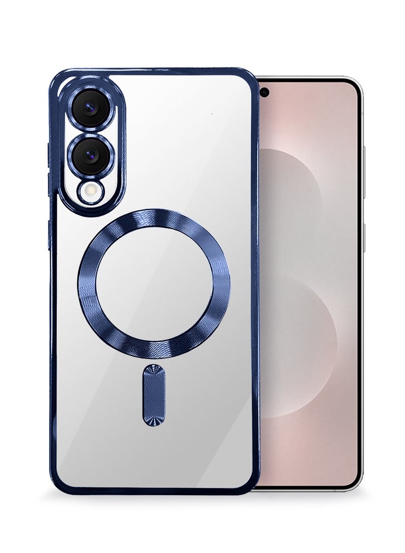 Wtech Samsung Galaxy S25 Edge 5G 2025 Magsafe PU Luxury Plating Raised Lips Camera Hole With Camera Lens Protection Case Cover - Clear/Navy Blue - Image 1