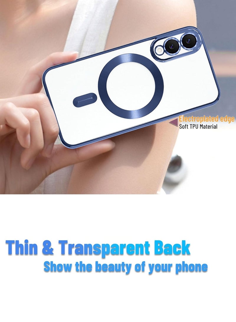 Wtech Samsung Galaxy S25 Edge 5G 2025 Magsafe PU Luxury Plating Raised Lips Camera Hole With Camera Lens Protection Case Cover - Clear/Navy Blue - Image 2