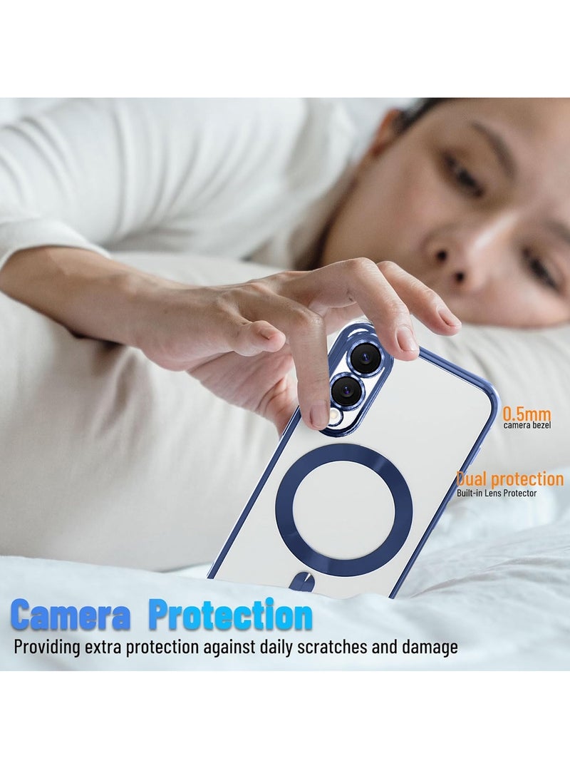 Wtech Samsung Galaxy S25 Edge 5G 2025 Magsafe PU Luxury Plating Raised Lips Camera Hole With Camera Lens Protection Case Cover - Clear/Navy Blue - Image 3