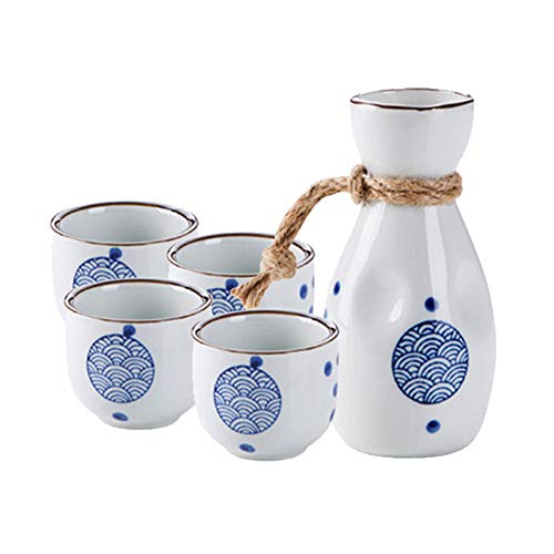 Sizikato 5pcs Blue and White Porcelain Sake Set Include 1PCS Sake Bottle and 4PCS Sake Cups - Image 1