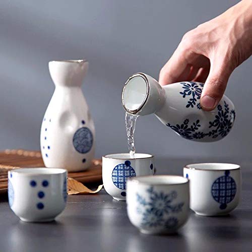 Sizikato 5pcs Blue and White Porcelain Sake Set Include 1PCS Sake Bottle and 4PCS Sake Cups - Image 4