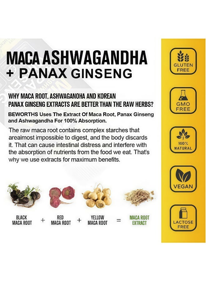 ماكا كبسولات مكمل غذائي MACA + Ashwagandha + Panax Ginseng – 120 كبسولة لزيادة الطاقة، تخفيف التوتر ودعم الحيوية | مزيج طبيعي لتحسين الرفاهية اليومية - Image 4