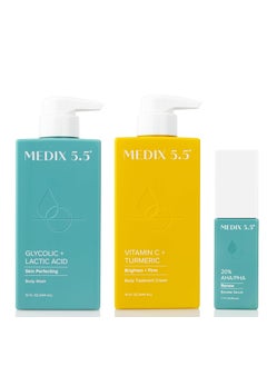 Medix 5.5 Medix 55 Anti Aging Skin Care 3PC Set Vitamin C Body Cream  Exfoliating AHA Glycolic Acid Foaming Face Wash  Body Wash  10 AHA Exfoliating Serum For KP Bumps 3pc Skincare Set 