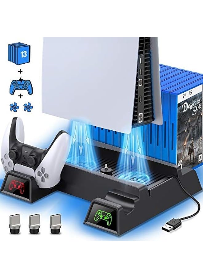 Topleo PS5 Stand Cooling Fan and Controller Charger Station, PS5 Accessories Organizer for Playstation 5 Stand, Cooling Fan and Dual Charging Station, PS5 Vertical Stand with 3 USB Hub &13 Game Storage - Image 1