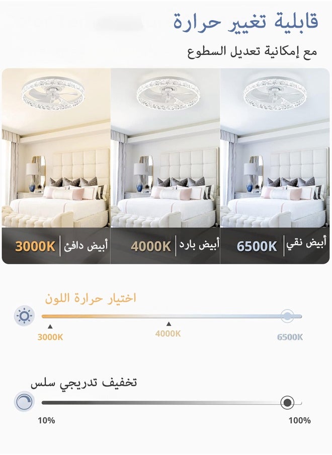 50 سم قطر هادئة مع إضاءة LED - تصميم منخفض بشفرات مخفية، توزيع هواء ناعم، تحكم عن بعد، 6 سرعات، سهلة التنظيف والتركيب للمنازل
