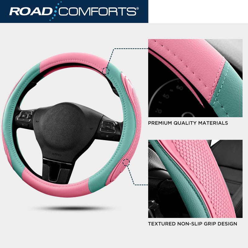 Road Comforts Car Steering Wheel Cover - Microfiber Leather Steering Wheel Wrap Sports 14.5-15 Inch Steering Wheel Cover Non-Slip for Men Women Pink & Green Color - Image 4