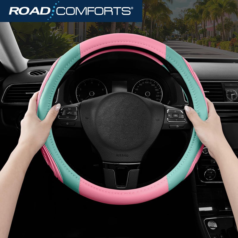 Road Comforts Car Steering Wheel Cover - Microfiber Leather Steering Wheel Wrap Sports 14.5-15 Inch Steering Wheel Cover Non-Slip for Men Women Pink & Green Color - Image 5