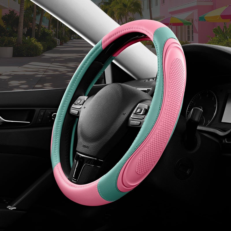Road Comforts Car Steering Wheel Cover - Microfiber Leather Steering Wheel Wrap Sports 14.5-15 Inch Steering Wheel Cover Non-Slip for Men Women Pink & Green Color - Image 1
