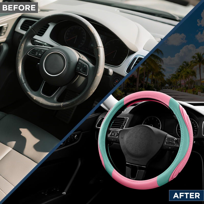 Road Comforts Car Steering Wheel Cover - Microfiber Leather Steering Wheel Wrap Sports 14.5-15 Inch Steering Wheel Cover Non-Slip for Men Women Pink & Green Color - Image 3