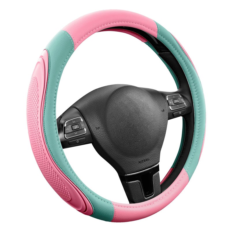 Road Comforts Car Steering Wheel Cover - Microfiber Leather Steering Wheel Wrap Sports 14.5-15 Inch Steering Wheel Cover Non-Slip for Men Women Pink & Green Color - Image 2