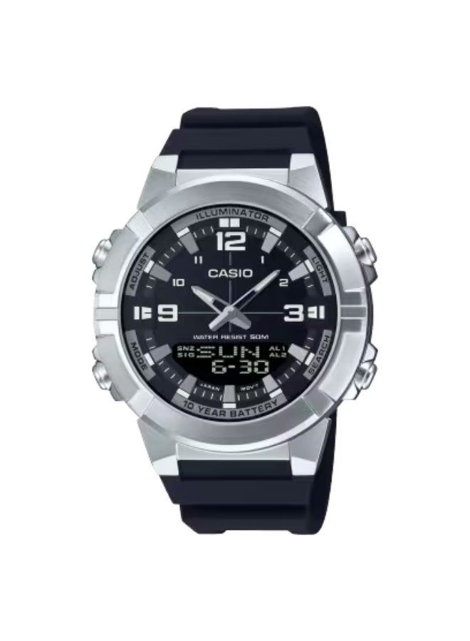 Casio Analog-Digital Sports Watch for Men AMW-870-1AVDF, 100M Water Resistant, Dual Time, LED Light, Stopwatch, Countdown Timer, Daily Alarm, Stainless Steel Bezel, Durable Resin Strap – Black