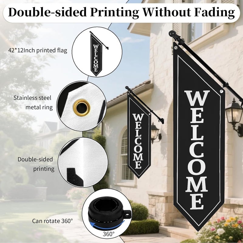 yeload Heavy Duty Double Sided Welcome Flag Kit – 42x13" Outdoor Canvas Banner with Pole & Metal Bracket – Business Storefront Sign for Retail, Shop, or Restaurant Marketing Display (Black) - Image 3